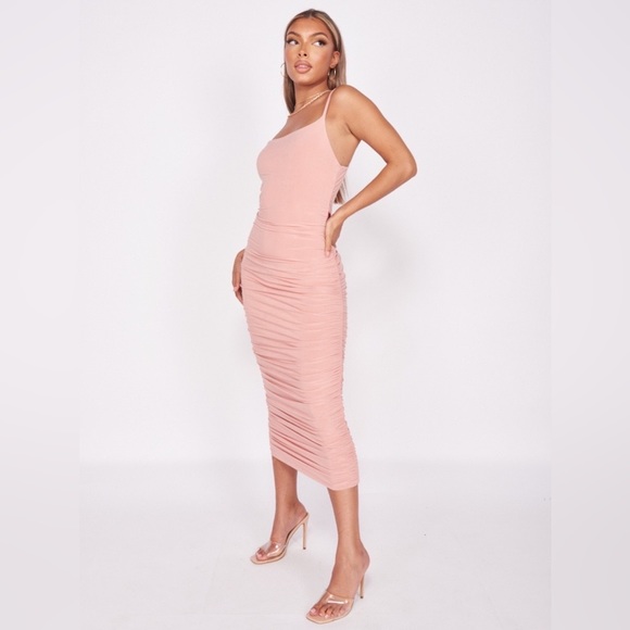 Beige Sleeveless Square Neck Ruched Bodycon Midi Dress - Picture 9 of 9